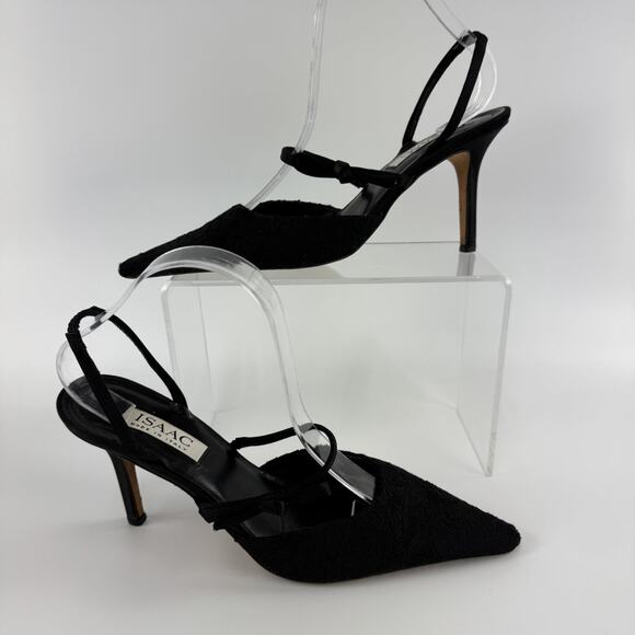 Isaac Mizrahi Black Lace Heels Sling Back Pointed Toe Women's Size 10 B Flat bow - Picture 1 of 12